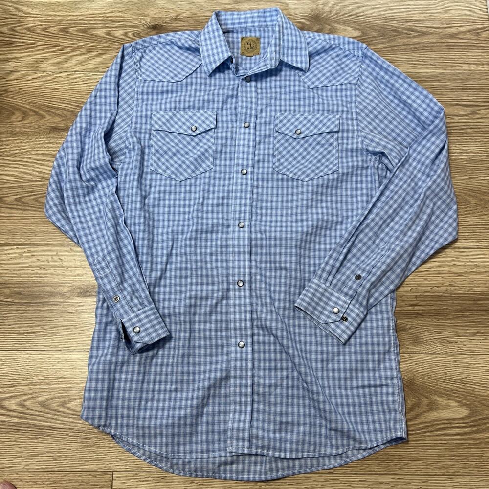 GC Blue Men’s Blue White Plaid Button Up Pearl Snap Top Size Large Tall (A24)